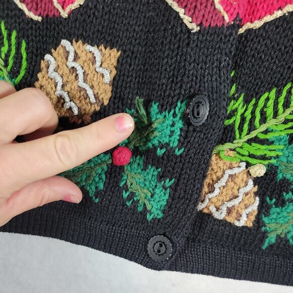 Design Options Jane Gordon VTG Christmas Cardigan Sweater XL Black Pinecones - Picture 7 of 12